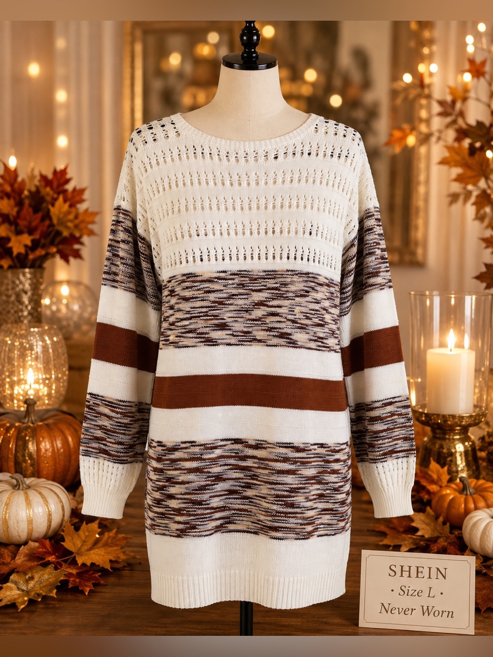 SHEIN Cream Brown Open-Knit Sweater Dress Size Large
Never Worn Fall Boho